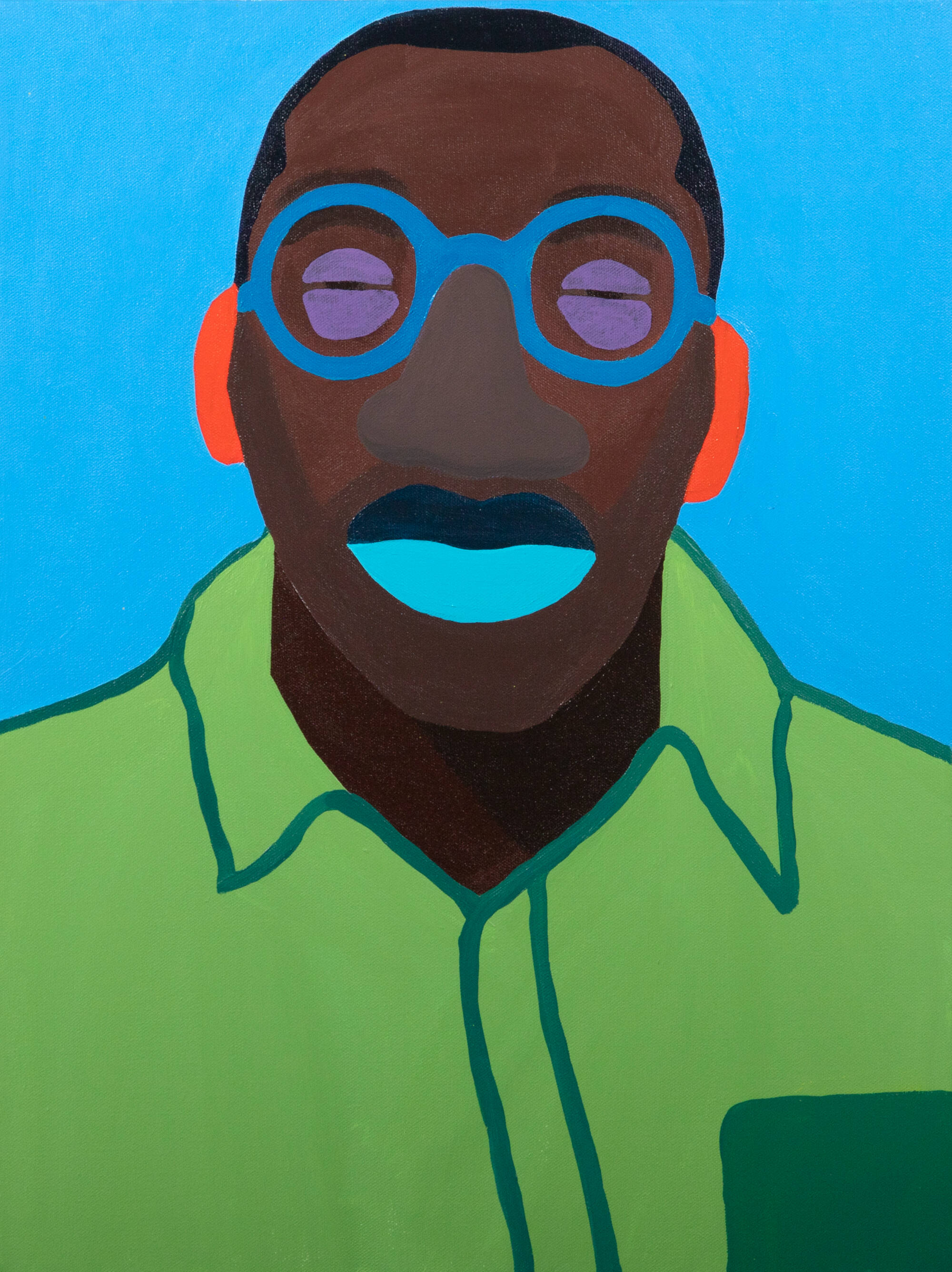 Acrylic painting of a man with round blue glasses and a green shirt. Their upper lip is indigo and their lower lip is light blue.
